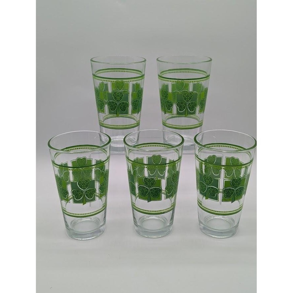 5 Set‎ Vintage Libbey 16oz Shamrock Glasses St Patricks Day Clover Green Tumbler